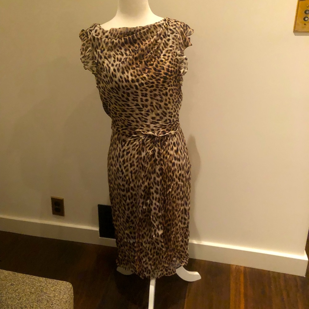 NWT Classic Kevan Hall Belted Leopard Pencil Dress in Raw Silk Sz 10